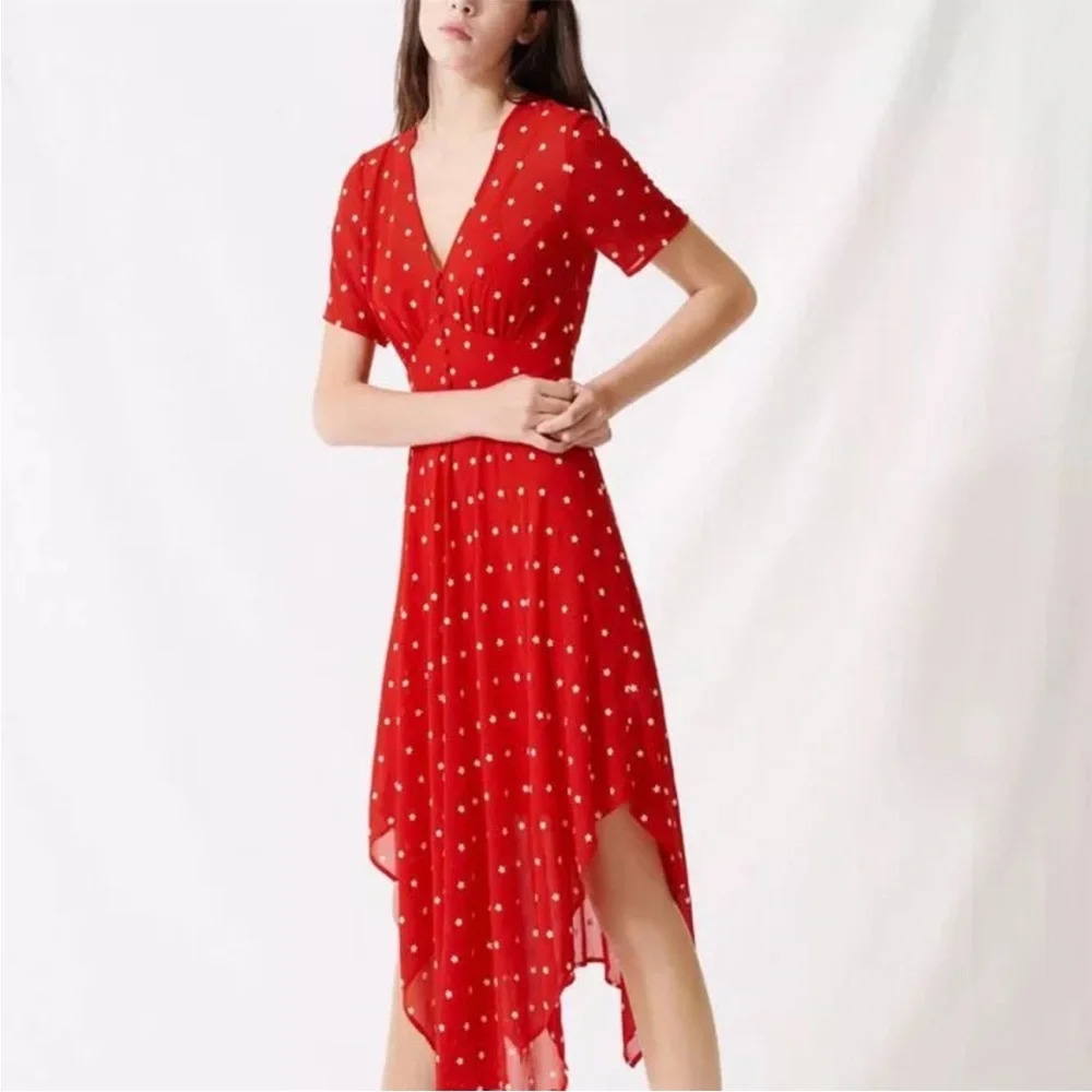 Maje Asymmetrial Embroidered Floral Midi Dress Red Size 38 US 6